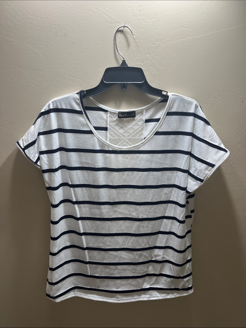White Short Sleeve Tee with Navy Stripes